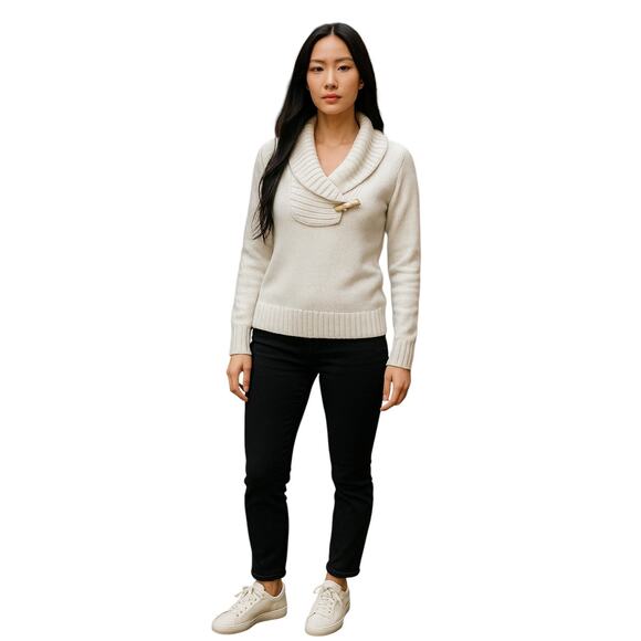 Lauren Ralph Lauren White Shawl Collar Toggle Pullover Sweater Women’s Medium - Picture 1 of 7
